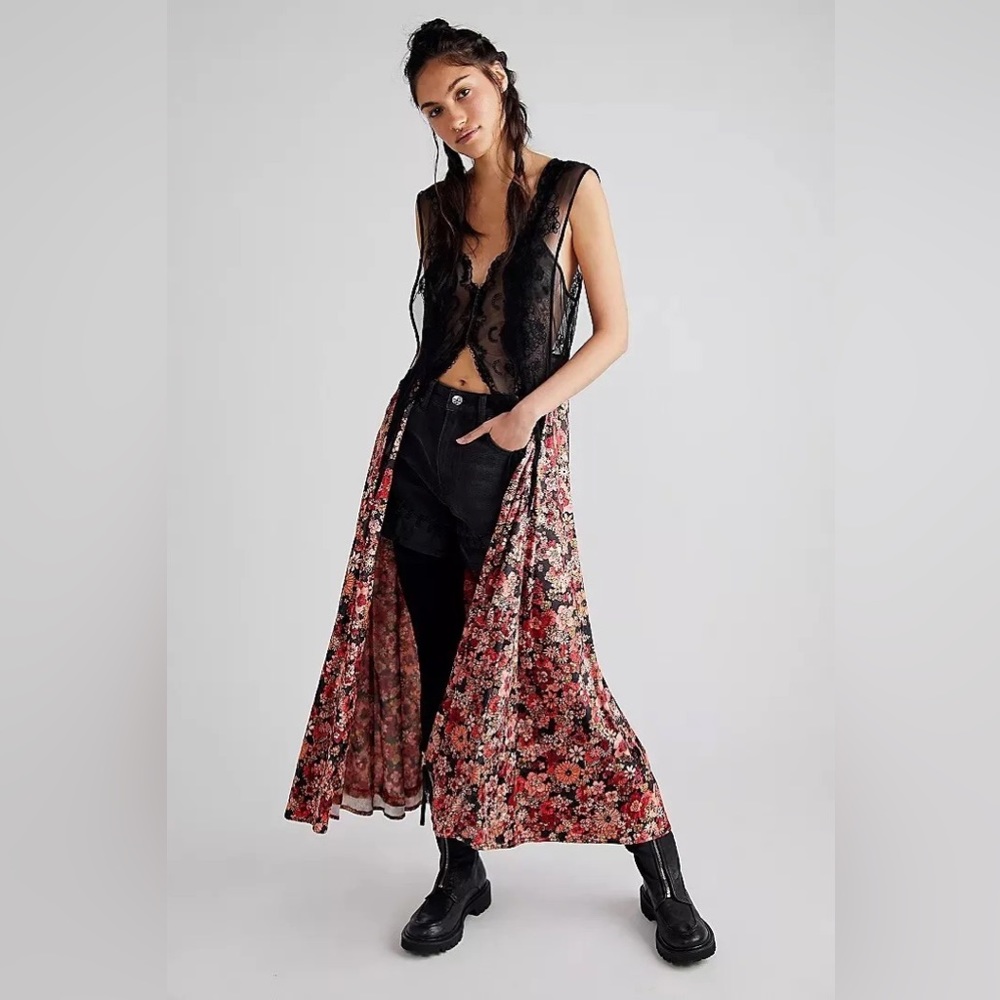Free People Floral Maxi Vest Duster in Black and Red